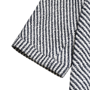 Very Good Condition CHANEL Striped Tweed Stainless Steel Collar Coat P53429V31165 Here Mark Button 3/4 Sleeve White Black Outerwear Black Metal Hardware Used 4a004713