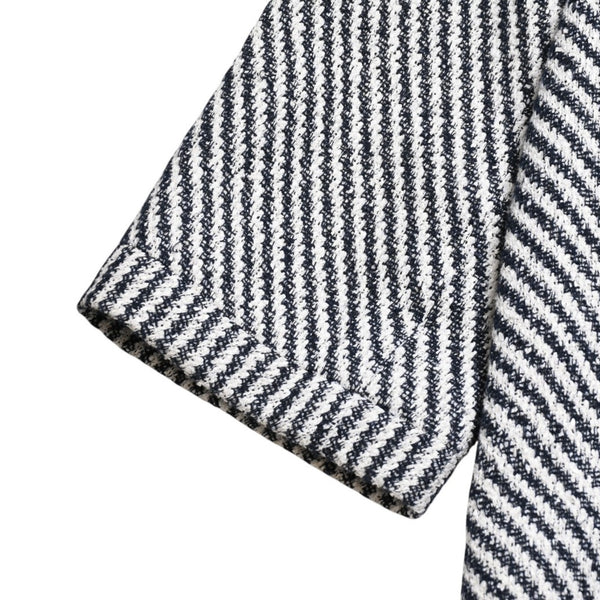 Very Good Condition CHANEL Striped Tweed Stainless Steel Collar Coat P53429V31165 Here Mark Button 3/4 Sleeve White Black Outerwear Black Metal Hardware Used 4a004713