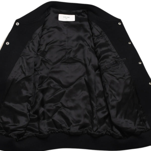 極美品 CELINE セリーヌ クラシック テディジャケット テクスチャー加工ウール Cパッチ ブラック アイボリー サイズ46 中古 4a004693