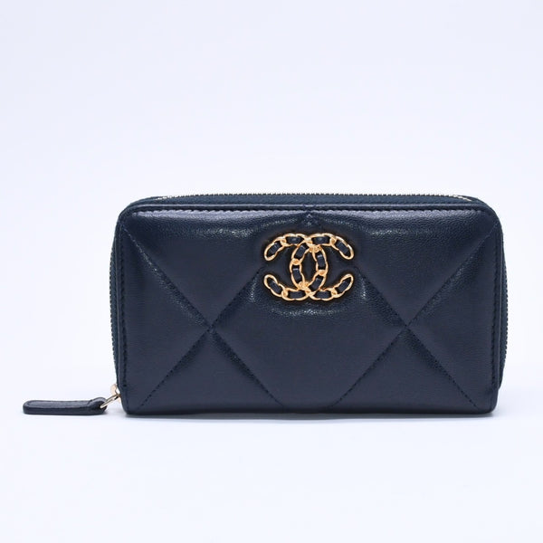 極美品 CHANEL シャネル CHANEL19 コインケース 小銭入れ 29番台 ココマーク ラムスキン ネイビー ゴールド金具 中古 4a004716