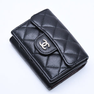 CHANEL Compact Wallet Trifold Wallet Random Number Coco Mark Caviar Skin Black Gold Hardware Good Condition Used 4a004625