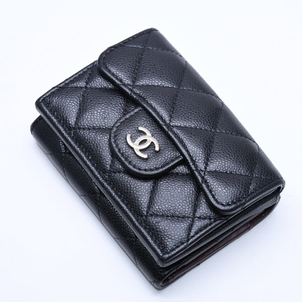 CHANEL Compact Wallet Trifold Wallet Random Number Coco Mark Caviar Skin Black Gold Hardware Good Condition Used 4a004625