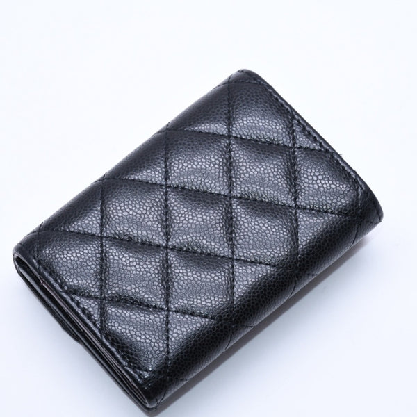 CHANEL Compact Wallet Trifold Wallet Random Number Coco Mark Caviar Skin Black Gold Hardware Good Condition Used 4a004625