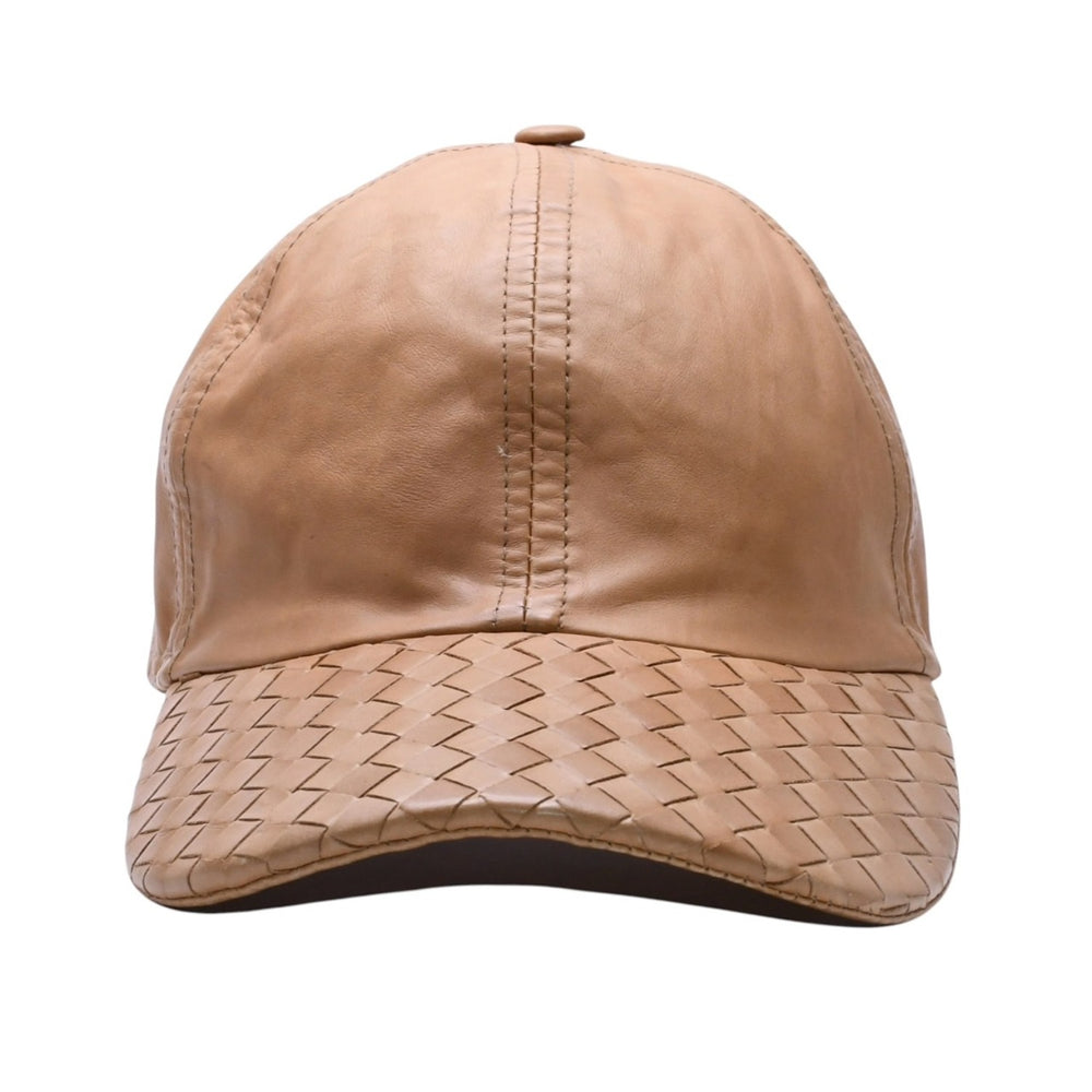 BOTTEGA VENETA ボッテガヴェネタ キャップ イントレチャート ブラウン ベージュ レザー 美品 中古 4a004740