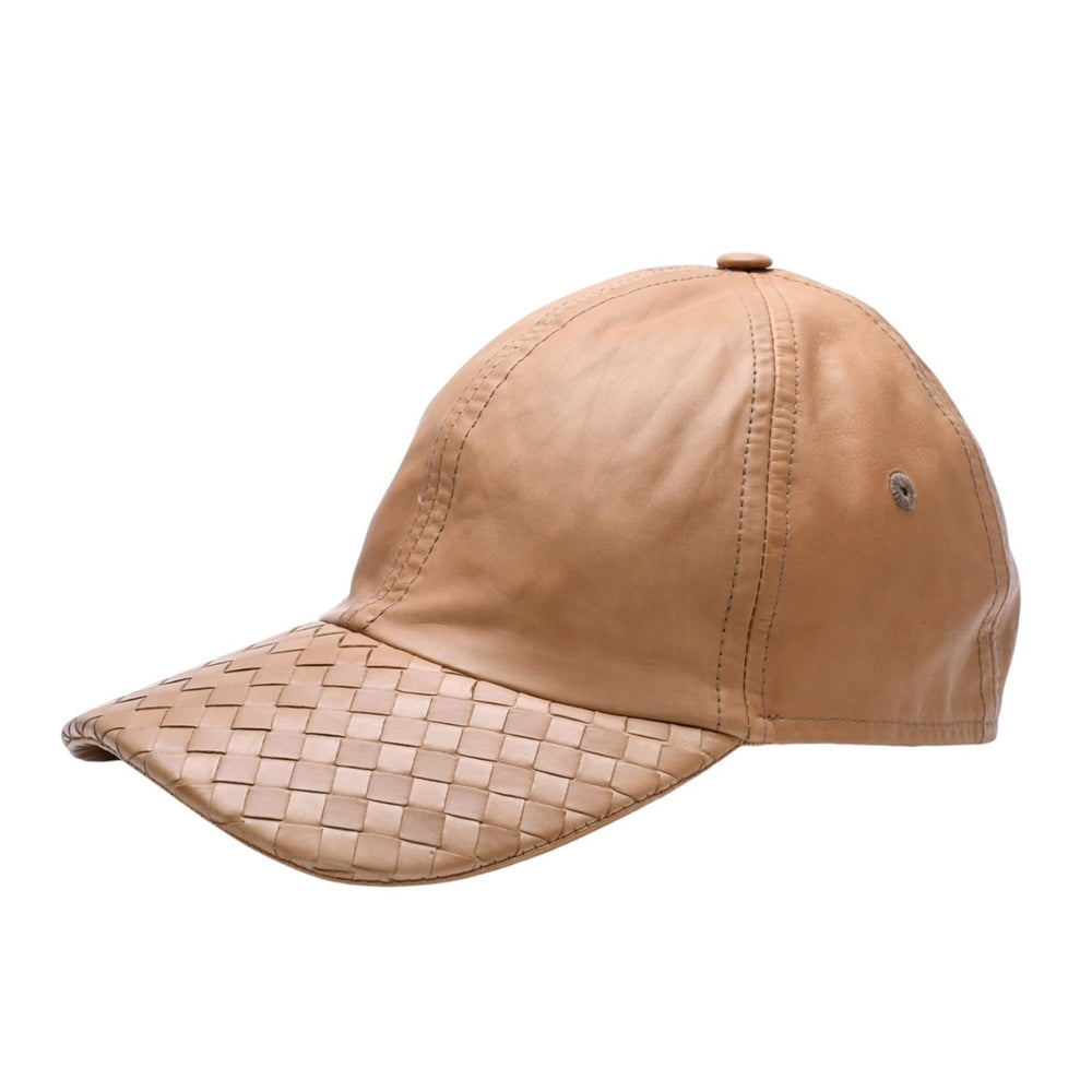 BOTTEGA VENETA ボッテガヴェネタ キャップ イントレチャート ブラウン ベージュ レザー 美品 中古 4a004740