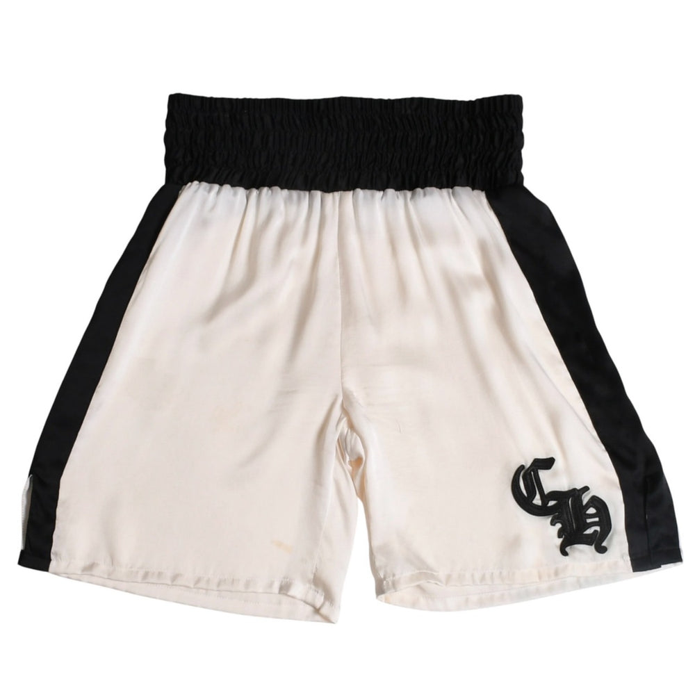 CHROME HEARTS クロムハーツ CHパッチ付き シルクハーフパンツ ボクサーショーツ ハーフショーツ CHレザーパッチ ブラック ホワイト バイカラー Mサイズ 良品 中古 4a004642
