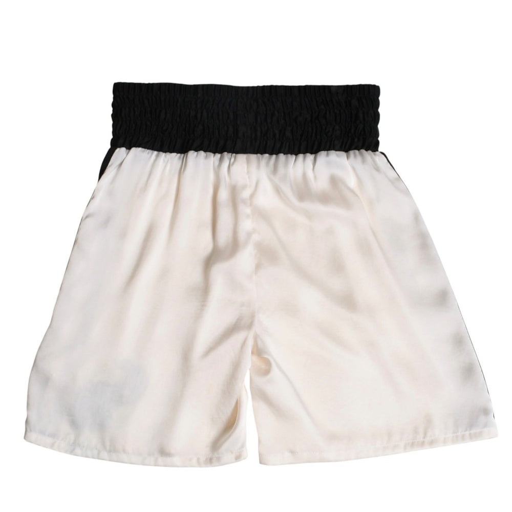 CHROME HEARTS クロムハーツ CHパッチ付き シルクハーフパンツ ボクサーショーツ ハーフショーツ CHレザーパッチ ブラック ホワイト バイカラー Mサイズ 良品 中古 4a004642
