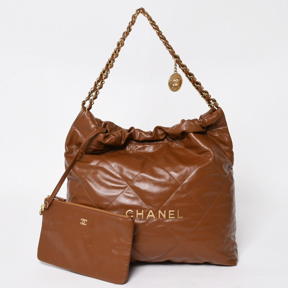 新品同様 CHANEL シャネル 22 ハンドバッグ ショルダーバッグ ランダム番台 シャイニーカーフスキン ブラウン ブロンズ金具 中古 4a002883