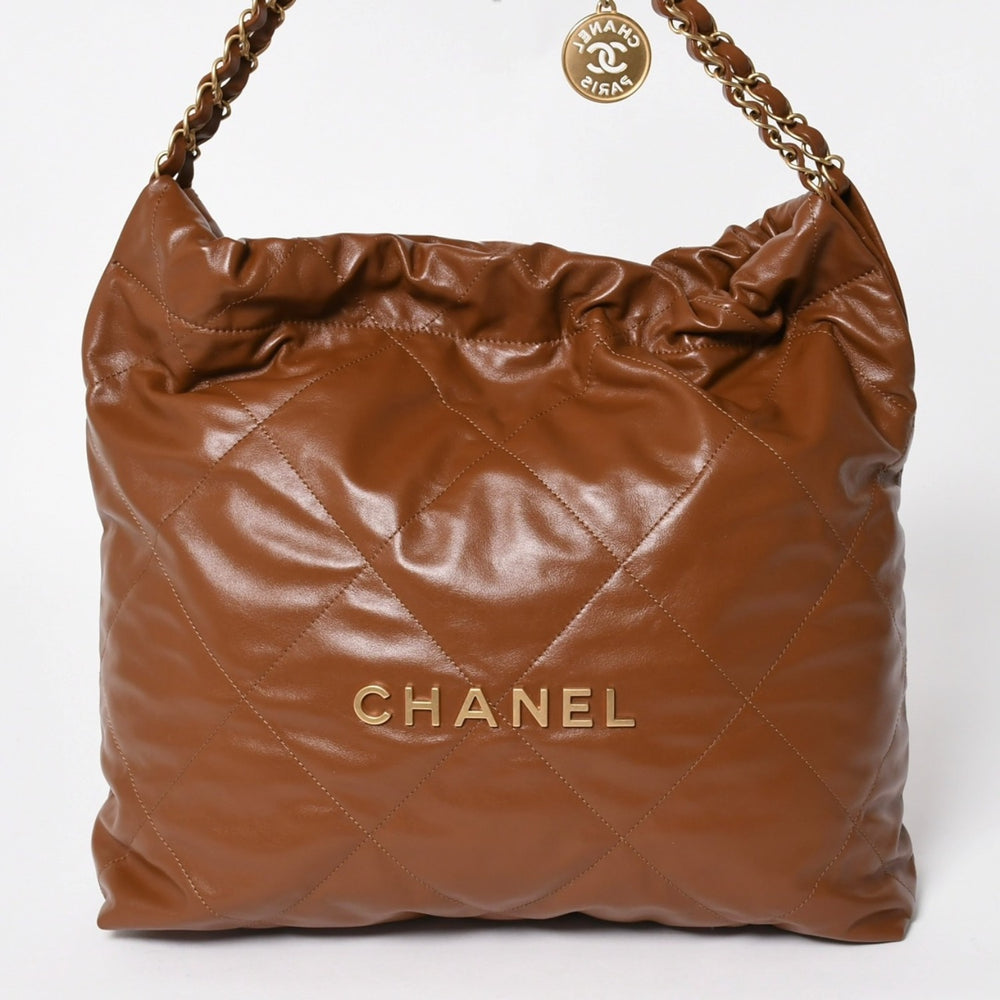 新品同様 CHANEL シャネル 22 ハンドバッグ ショルダーバッグ ランダム番台 シャイニーカーフスキン ブラウン ブロンズ金具 中古 4a002883