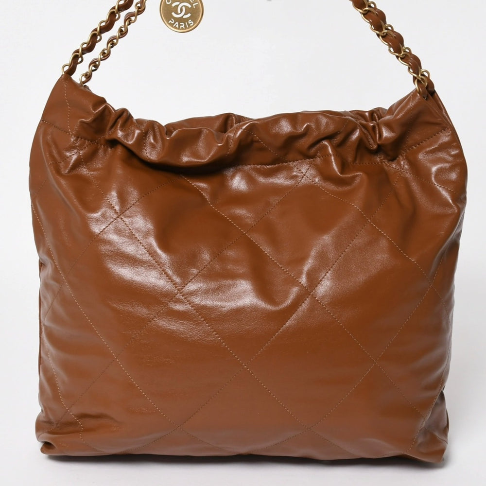 Like new CHANEL 22 Handbag Shoulder Bag Random Number Shiny Calfskin Brown Bronze Hardware Used 4a002883