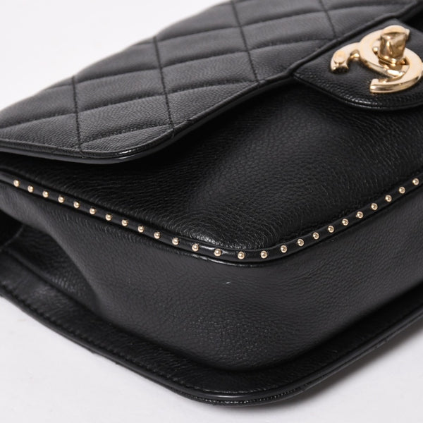 極美品 CHANEL シャネル Sフラップ Wチェーンショルダーバッグ 24番台 ココマーク キャビアスキン ブラック ゴールド金具 中古 4a004750
