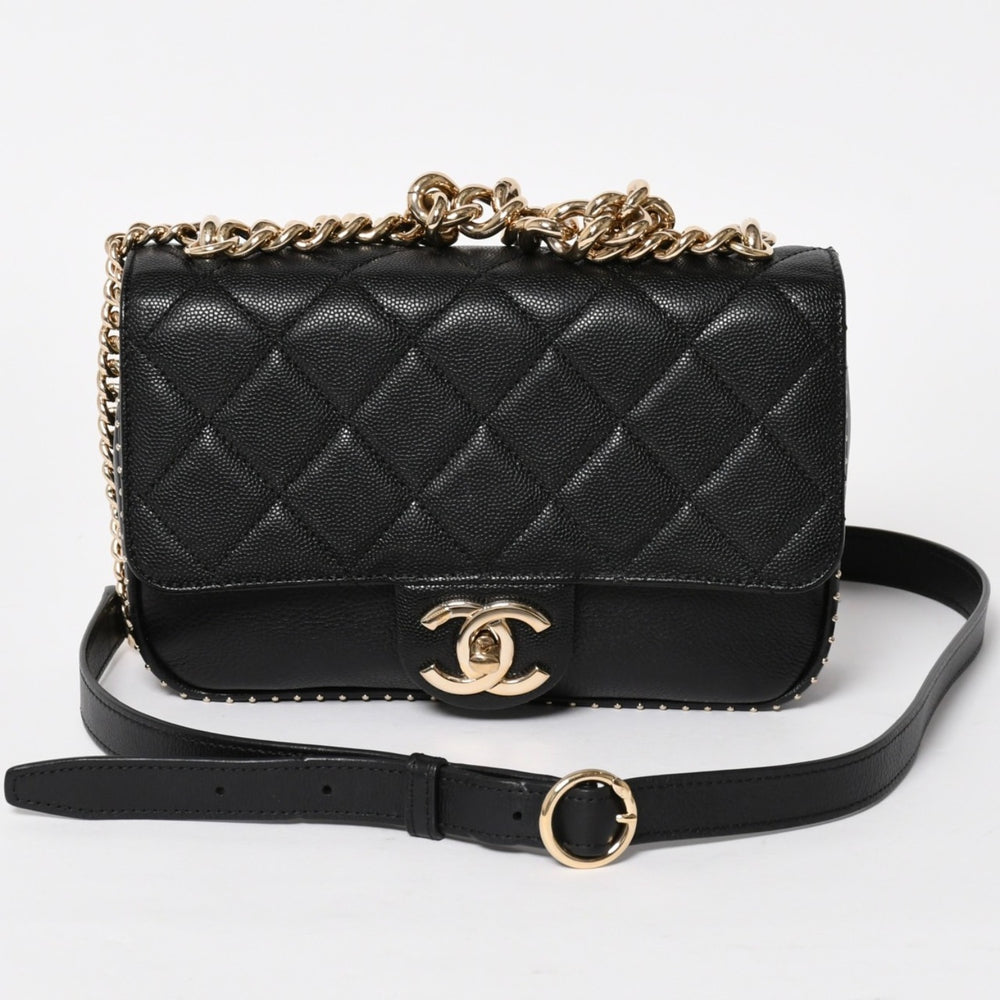 極美品 CHANEL シャネル Sフラップ Wチェーンショルダーバッグ 24番台 ココマーク キャビアスキン ブラック ゴールド金具 中古 4a004750