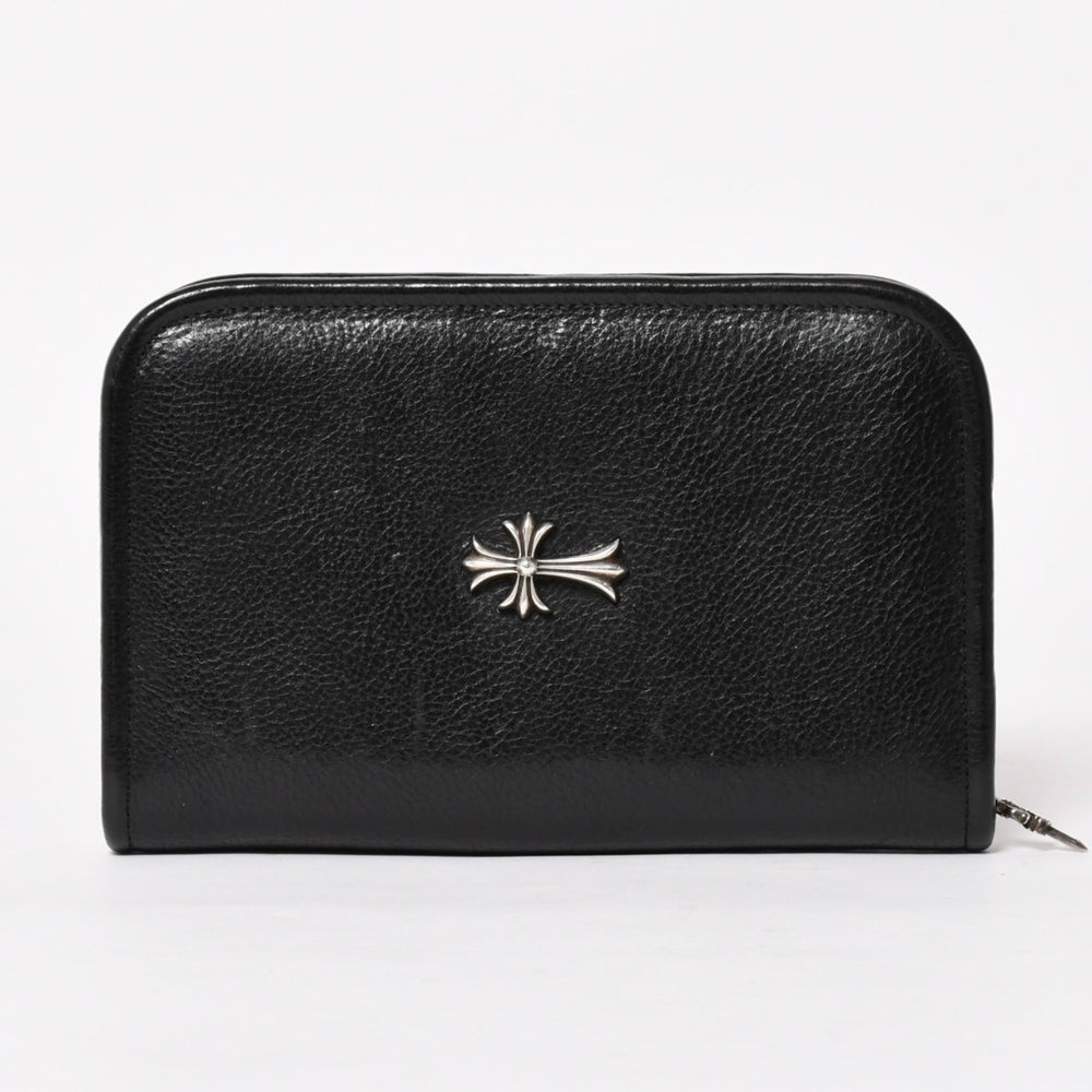 CHROME HEARTS クロムハーツ ブラックヘビーレザー オーガナイザー ウォレット ダガー カウレザー クラッチバッグ シルバー925 美品 中古 4a004532