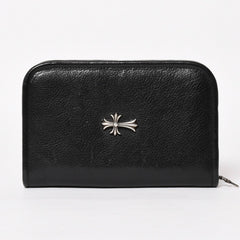 CHROME HEARTS クロムハーツ ブラックヘビーレザー オーガナイザー ウォレット ダガー カウレザー クラッチバッグ シルバー925 美品 中古 4a004532