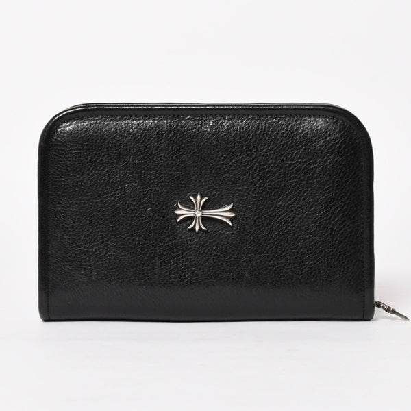 CHROME HEARTS クロムハーツ ブラックヘビーレザー オーガナイザー ウォレット ダガー カウレザー クラッチバッグ シルバー925 美品 中古 4a004532