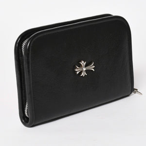 CHROME HEARTS クロムハーツ ブラックヘビーレザー オーガナイザー ウォレット ダガー カウレザー クラッチバッグ シルバー925 美品 中古 4a004532
