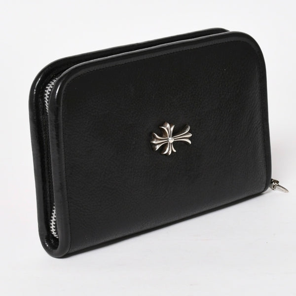 CHROME HEARTS クロムハーツ ブラックヘビーレザー オーガナイザー ウォレット ダガー カウレザー クラッチバッグ シルバー925 美品 中古 4a004532