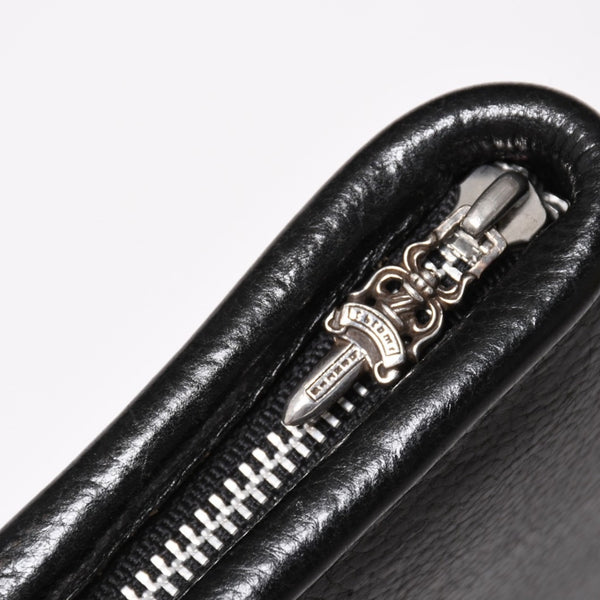 CHROME HEARTS クロムハーツ ブラックヘビーレザー オーガナイザー ウォレット ダガー カウレザー クラッチバッグ シルバー925 美品 中古 4a004532