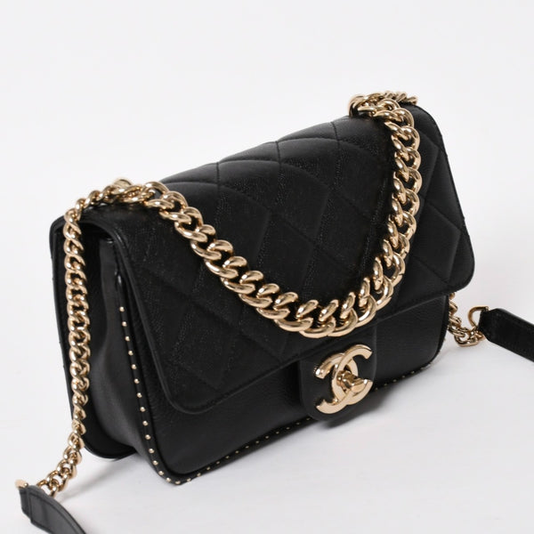 極美品 CHANEL シャネル Sフラップ Wチェーンショルダーバッグ 24番台 ココマーク キャビアスキン ブラック ゴールド金具 中古 4a004750