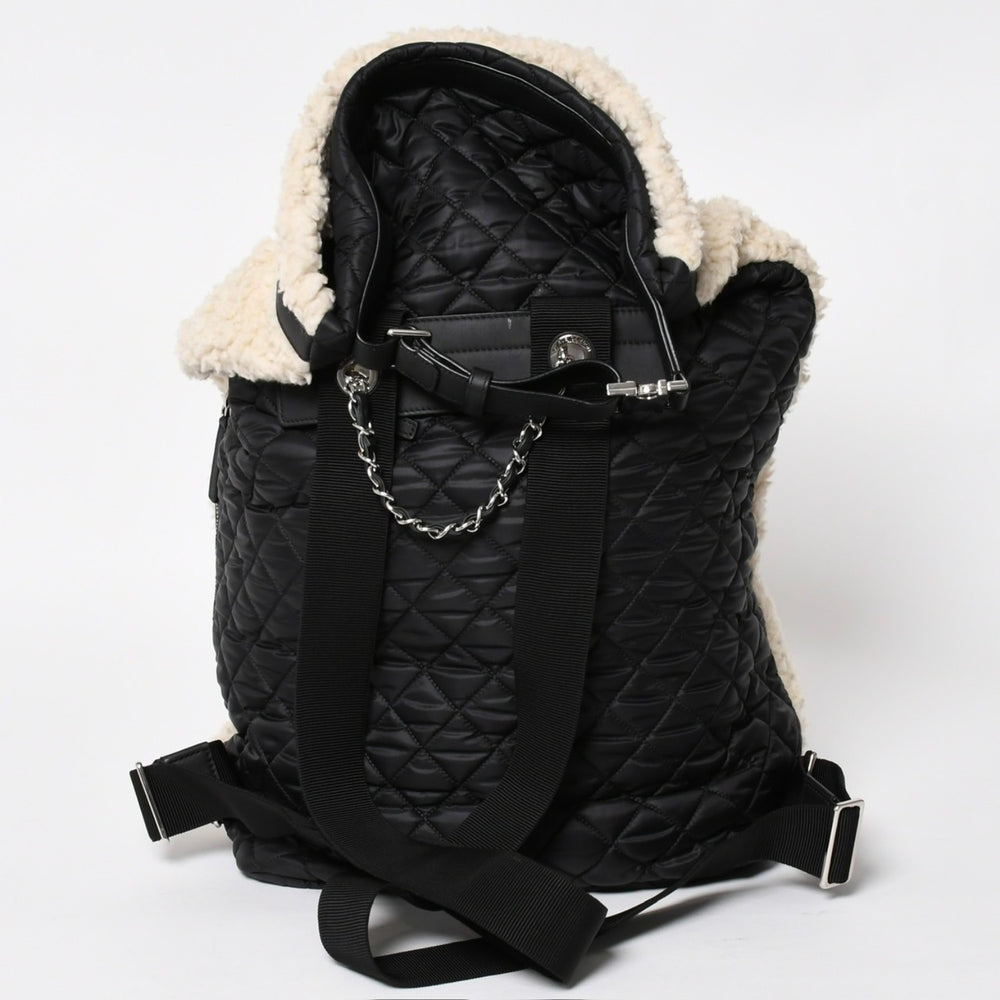 極美品 CHANEL シャネル COCO NIEGE ココネージュ バックパック リュック 26番台 ココマーク ナイロン ボア ベージュ ブラック 中古 4a004780
