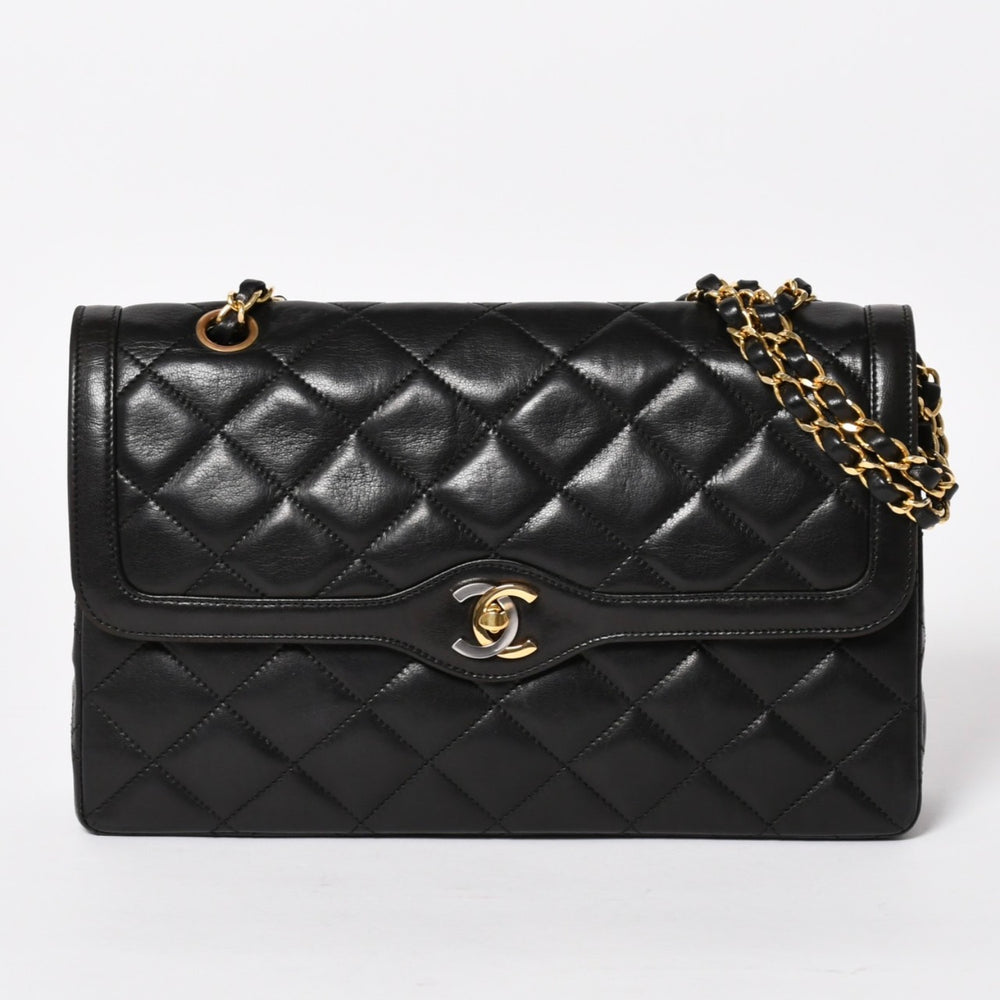 極美品 CHANEL シャネル マトラッセ28 Wフラップ Wチェーンショルダーバッグ 2番台 パリ限定 ココマーク ラムスキン ブラック 中古 4a004748
