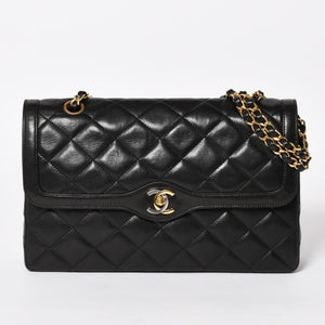 Very Good Condition CHANEL Chanel Matelasse 28 W Flap W Chain Shoulder Bag 2nd Series Paris Limited Coco Mark Lambskin Black Used 4a004748