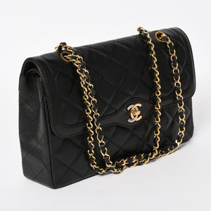 Very Good Condition CHANEL Chanel Matelasse 28 W Flap W Chain Shoulder Bag 2nd Series Paris Limited Coco Mark Lambskin Black Used 4a004748