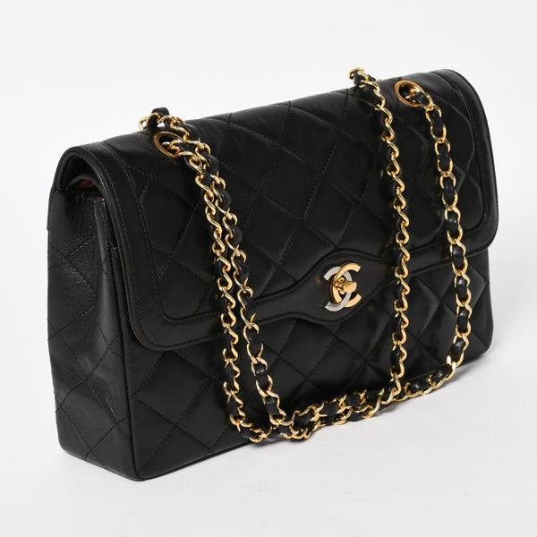 Very Good Condition CHANEL Chanel Matelasse 28 W Flap W Chain Shoulder Bag 2nd Series Paris Limited Coco Mark Lambskin Black Used 4a004748