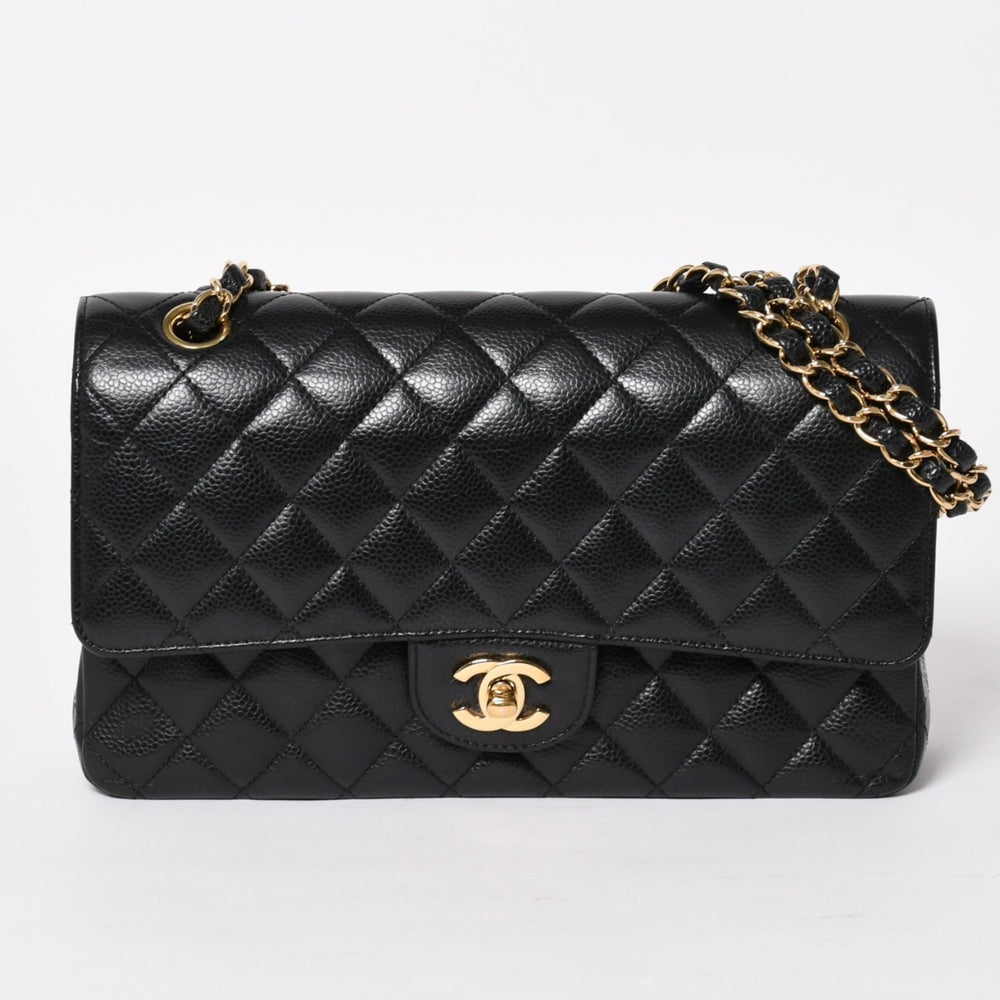 極美品 CHANEL シャネル マトラッセ25 Wフラップ Wチェーンショルダーバッグ22番台 ココマーク キャビアスキン ブラック 中古 4a004749