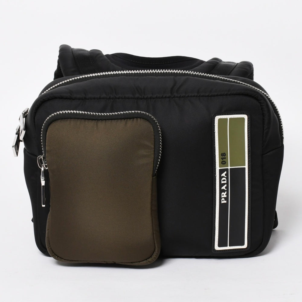 極美品 PRADA プラダ TESSUTO POCKET ナイロン バックパック リュック ボディバッグ 2VZ044 ブラック カーキ ラバーロゴ テスートナイロン シルバー金具 中古 4a004772
