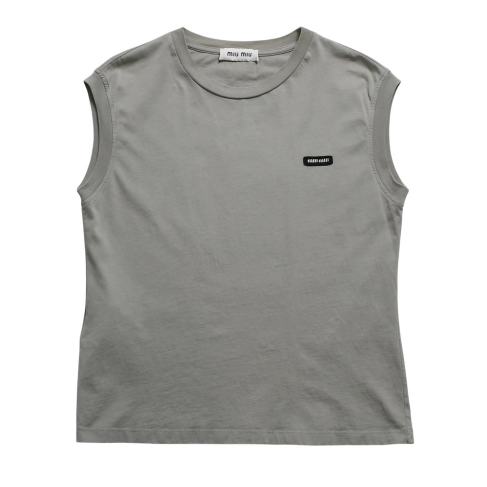 極美品 MIU MIU ミュウミュウ ノースリーブ ジャージ Tシャツ MJE15 ワッペンロゴ カットソー フレンチスリーブ カーキ レディース XSサイズ 中古 4a004811