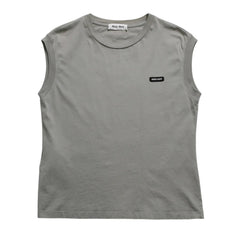 極美品 MIU MIU ミュウミュウ ノースリーブ ジャージ Tシャツ MJE15 ワッペンロゴ カットソー フレンチスリーブ カーキ レディース XSサイズ 中古 4a004811