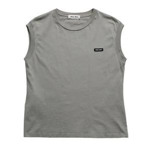 極美品 MIU MIU ミュウミュウ ノースリーブ ジャージ Tシャツ MJE15 ワッペンロゴ カットソー フレンチスリーブ カーキ レディース XSサイズ 中古 4a004811