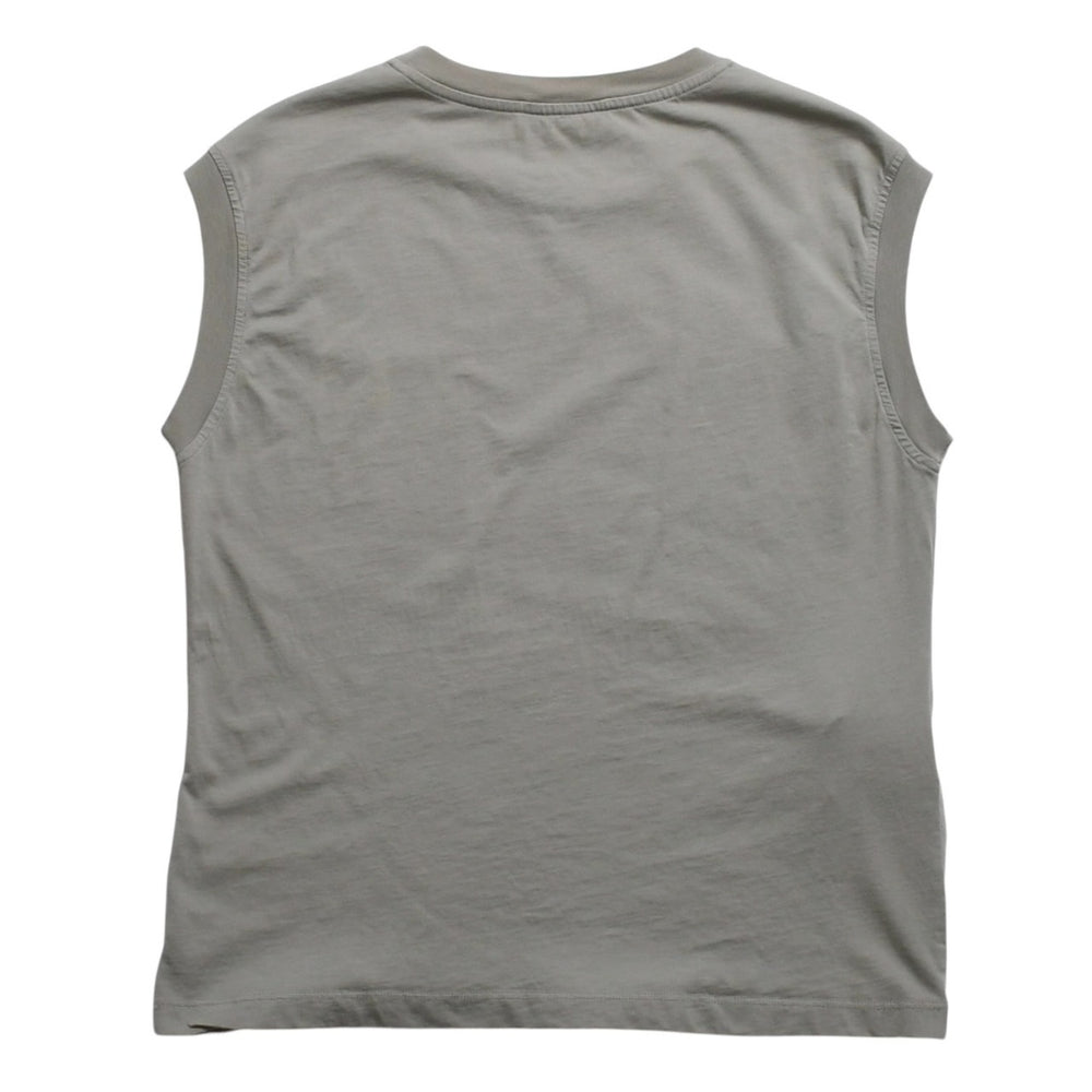 極美品 MIU MIU ミュウミュウ ノースリーブ ジャージ Tシャツ MJE15 ワッペンロゴ カットソー フレンチスリーブ カーキ レディース XSサイズ 中古 4a004811