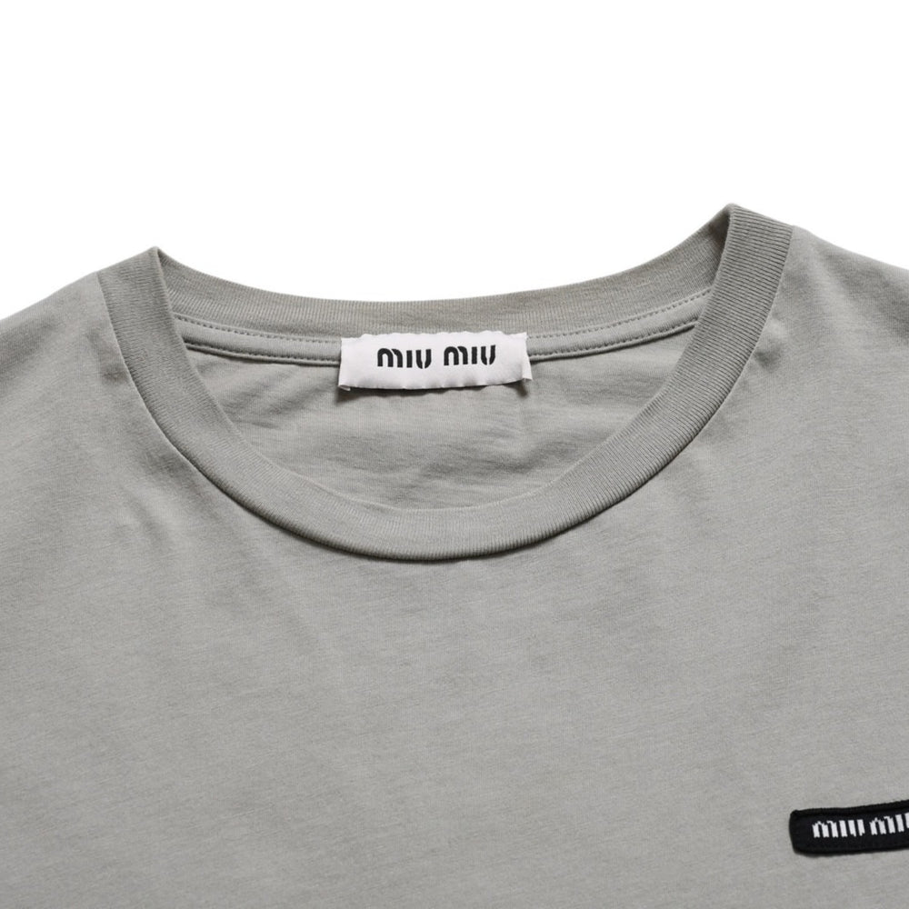 極美品 MIU MIU ミュウミュウ ノースリーブ ジャージ Tシャツ MJE15 ワッペンロゴ カットソー フレンチスリーブ カーキ レディース XSサイズ 中古 4a004811
