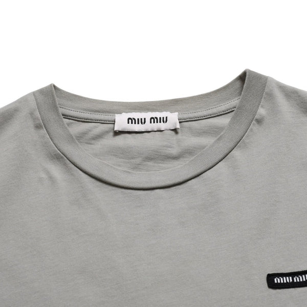 極美品 MIU MIU ミュウミュウ ノースリーブ ジャージ Tシャツ MJE15 ワッペンロゴ カットソー フレンチスリーブ カーキ レディース XSサイズ 中古 4a004811