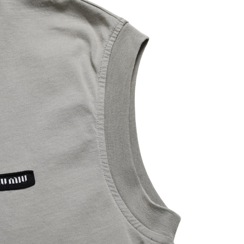 極美品 MIU MIU ミュウミュウ ノースリーブ ジャージ Tシャツ MJE15 ワッペンロゴ カットソー フレンチスリーブ カーキ レディース XSサイズ 中古 4a004811