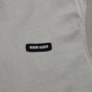 極美品 MIU MIU ミュウミュウ ノースリーブ ジャージ Tシャツ MJE15 ワッペンロゴ カットソー フレンチスリーブ カーキ レディース XSサイズ 中古 4a004811