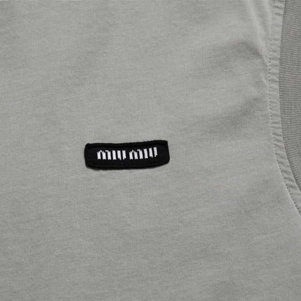 極美品 MIU MIU ミュウミュウ ノースリーブ ジャージ Tシャツ MJE15 ワッペンロゴ カットソー フレンチスリーブ カーキ レディース XSサイズ 中古 4a004811