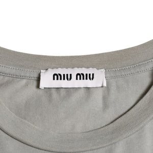 極美品 MIU MIU ミュウミュウ ノースリーブ ジャージ Tシャツ MJE15 ワッペンロゴ カットソー フレンチスリーブ カーキ レディース XSサイズ 中古 4a004811