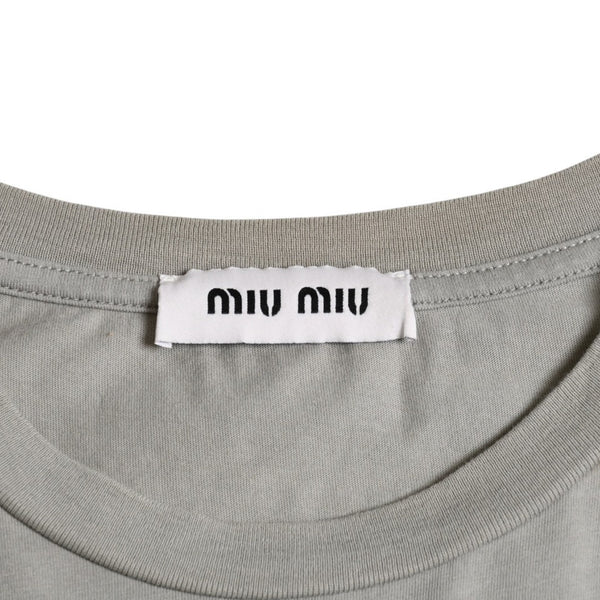 極美品 MIU MIU ミュウミュウ ノースリーブ ジャージ Tシャツ MJE15 ワッペンロゴ カットソー フレンチスリーブ カーキ レディース XSサイズ 中古 4a004811