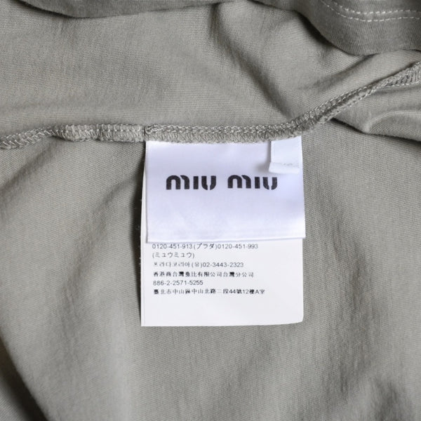 極美品 MIU MIU ミュウミュウ ノースリーブ ジャージ Tシャツ MJE15 ワッペンロゴ カットソー フレンチスリーブ カーキ レディース XSサイズ 中古 4a004811