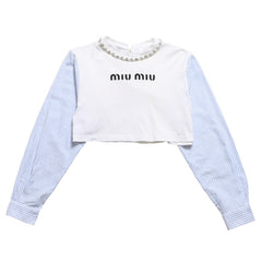 極美品 MIU MIU ミュウミュウ クリスタル クロップド 長袖 Tシャツ MJL816 ストライプ ラインストーン ライトブルー XSサイズ 中古 4a004813