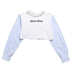 極美品 MIU MIU ミュウミュウ クリスタル クロップド 長袖 Tシャツ MJL816 ストライプ ラインストーン ライトブルー XSサイズ 中古 4a004813