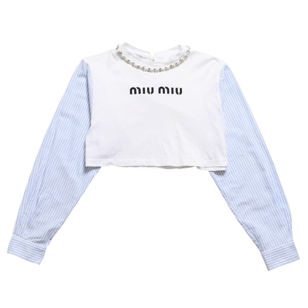 極美品 MIU MIU ミュウミュウ クリスタル クロップド 長袖 Tシャツ MJL816 ストライプ ラインストーン ライトブルー XSサイズ 中古 4a004813