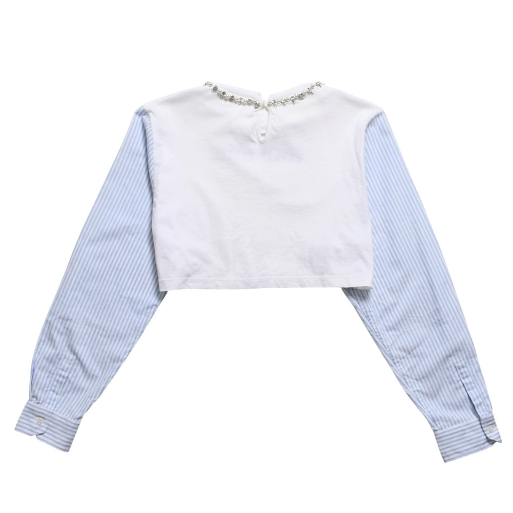 極美品 MIU MIU ミュウミュウ クリスタル クロップド 長袖 Tシャツ MJL816 ストライプ ラインストーン ライトブルー XSサイズ 中古 4a004813