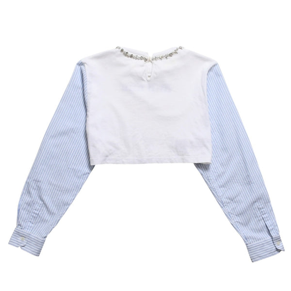 極美品 MIU MIU ミュウミュウ クリスタル クロップド 長袖 Tシャツ MJL816 ストライプ ラインストーン ライトブルー XSサイズ 中古 4a004813