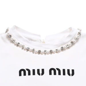 極美品 MIU MIU ミュウミュウ クリスタル クロップド 長袖 Tシャツ MJL816 ストライプ ラインストーン ライトブルー XSサイズ 中古 4a004813