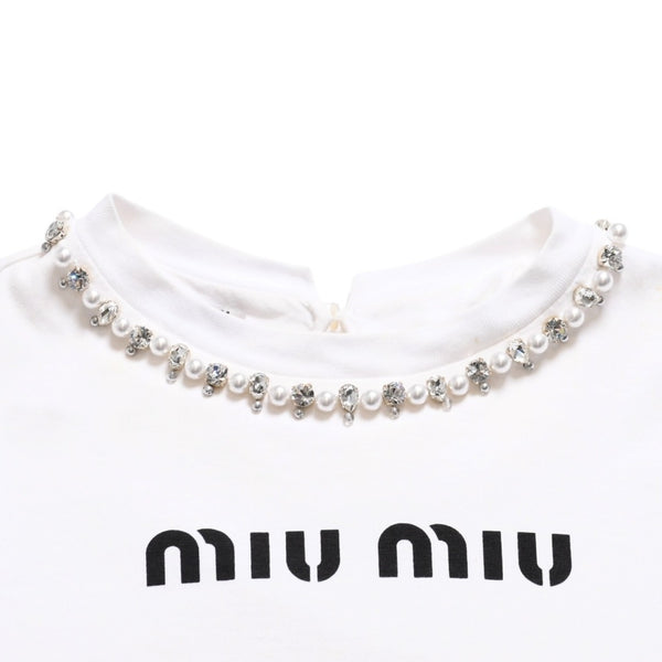 極美品 MIU MIU ミュウミュウ クリスタル クロップド 長袖 Tシャツ MJL816 ストライプ ラインストーン ライトブルー XSサイズ 中古 4a004813