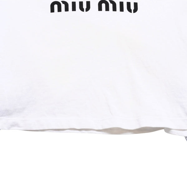 極美品 MIU MIU ミュウミュウ クリスタル クロップド 長袖 Tシャツ MJL816 ストライプ ラインストーン ライトブルー XSサイズ 中古 4a004813